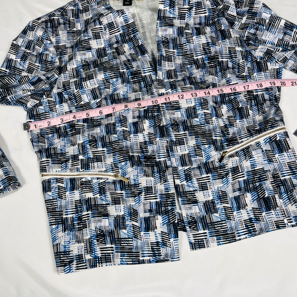 St John Women Blue Black White Geometric Print Open Front Jacket Size 10 Casual - Picture 7 of 8